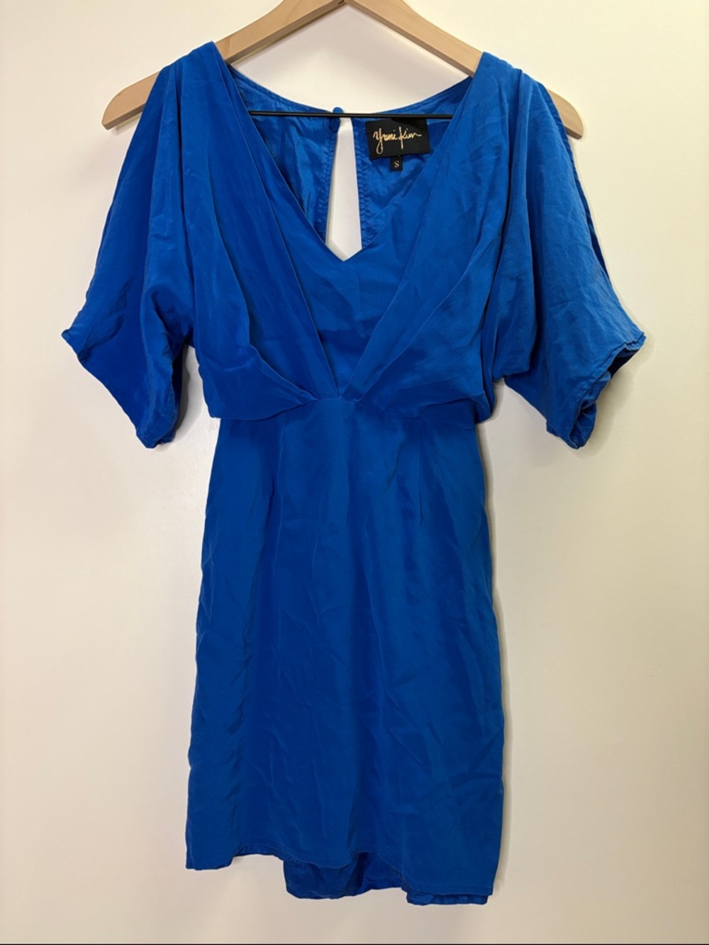 Yumi Kim Cobalt Blue V-Neck Mini Dress Tunic 100% silk Cold Shoulder Small